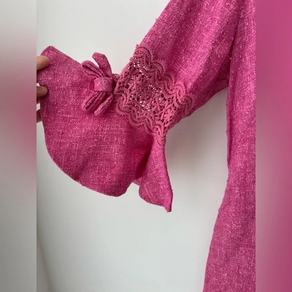 Vintage Pink woven Linen Blend Dress Lace Trim Bell Sleeve Cottagecore 70s 80s - Picture 4 of 12
